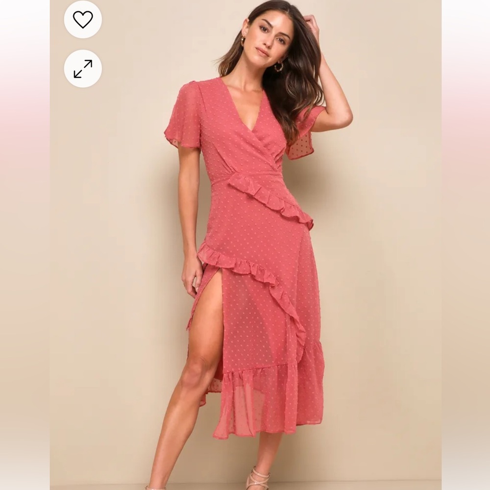 Lulus pink/coral ruffle a-line midi dress in large